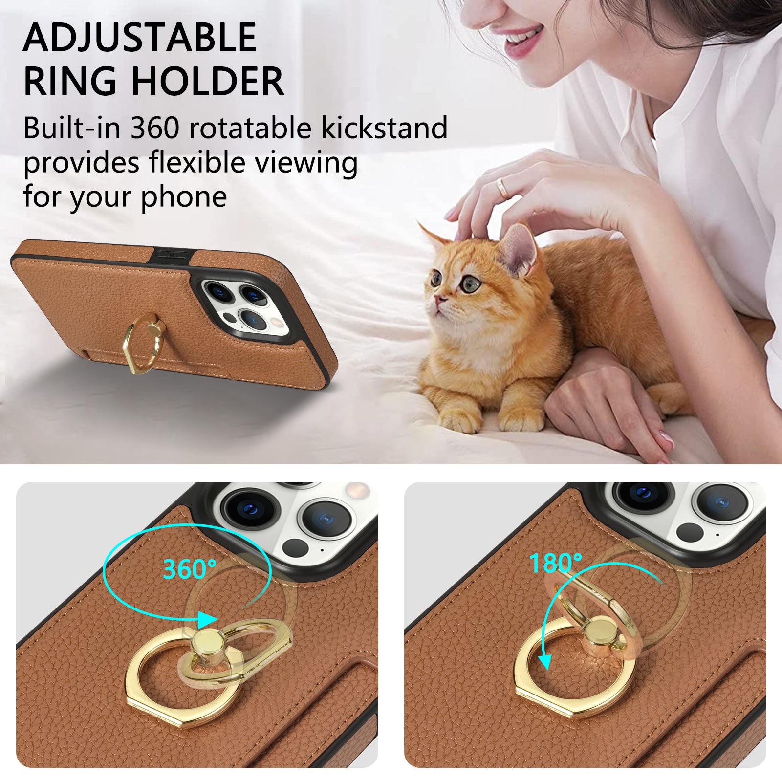 TPU+PU Leather Phone Case Card Holder for iPhone 15 Pro Shockproof Phone Cover with Ring Kickstand - Brown