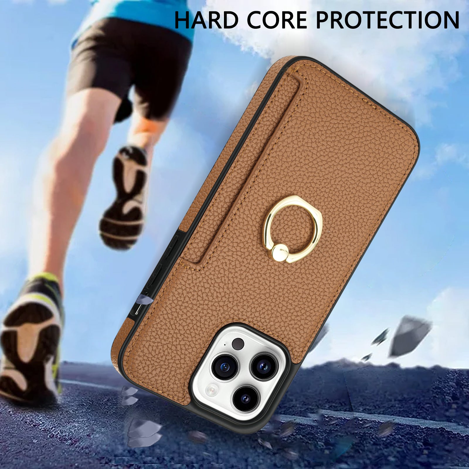 TPU+PU Leather Phone Case Card Holder for iPhone 15 Pro Shockproof Phone Cover with Ring Kickstand - Brown