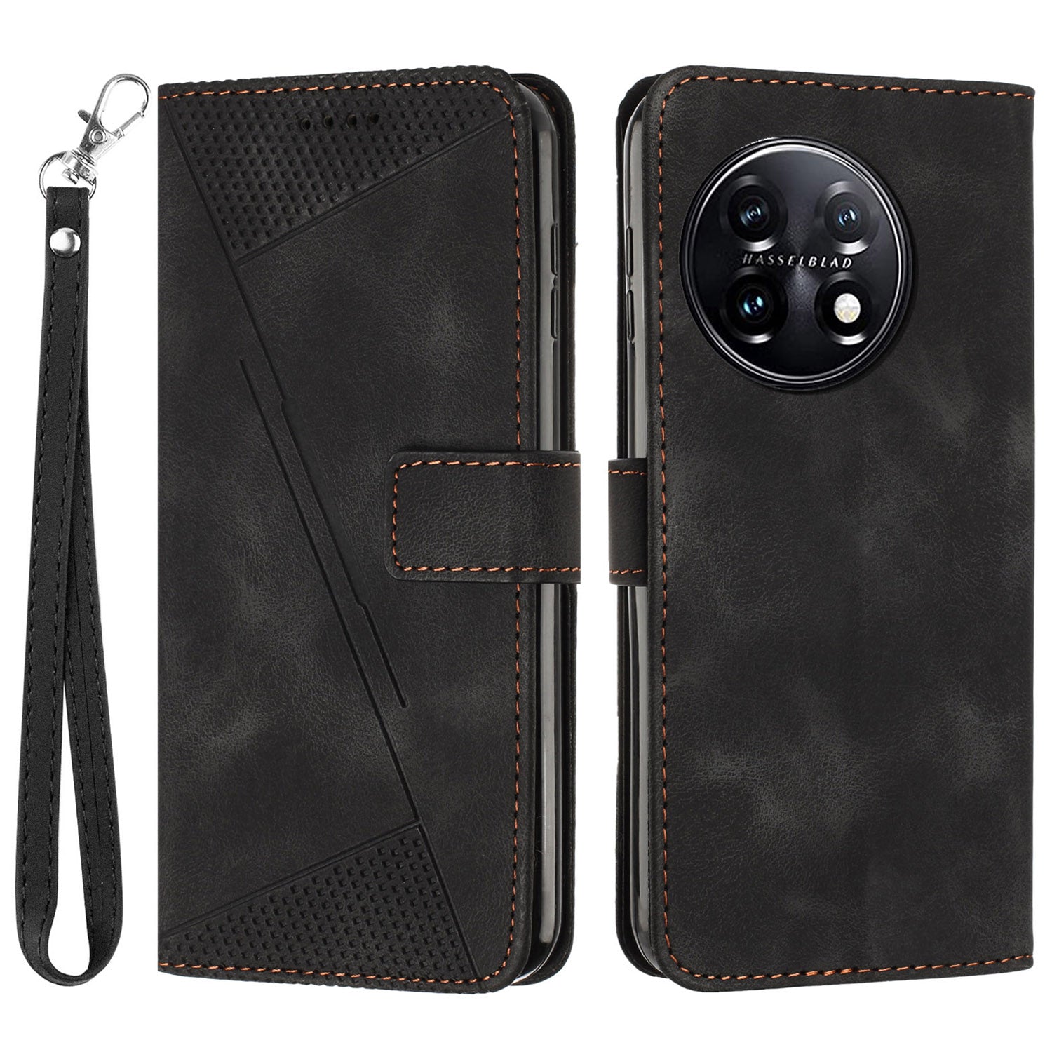 Triangle Imprinted Wallet Phone Case for OnePlus 11 5G , Stand PU Leather Anti-drop Cover - Black