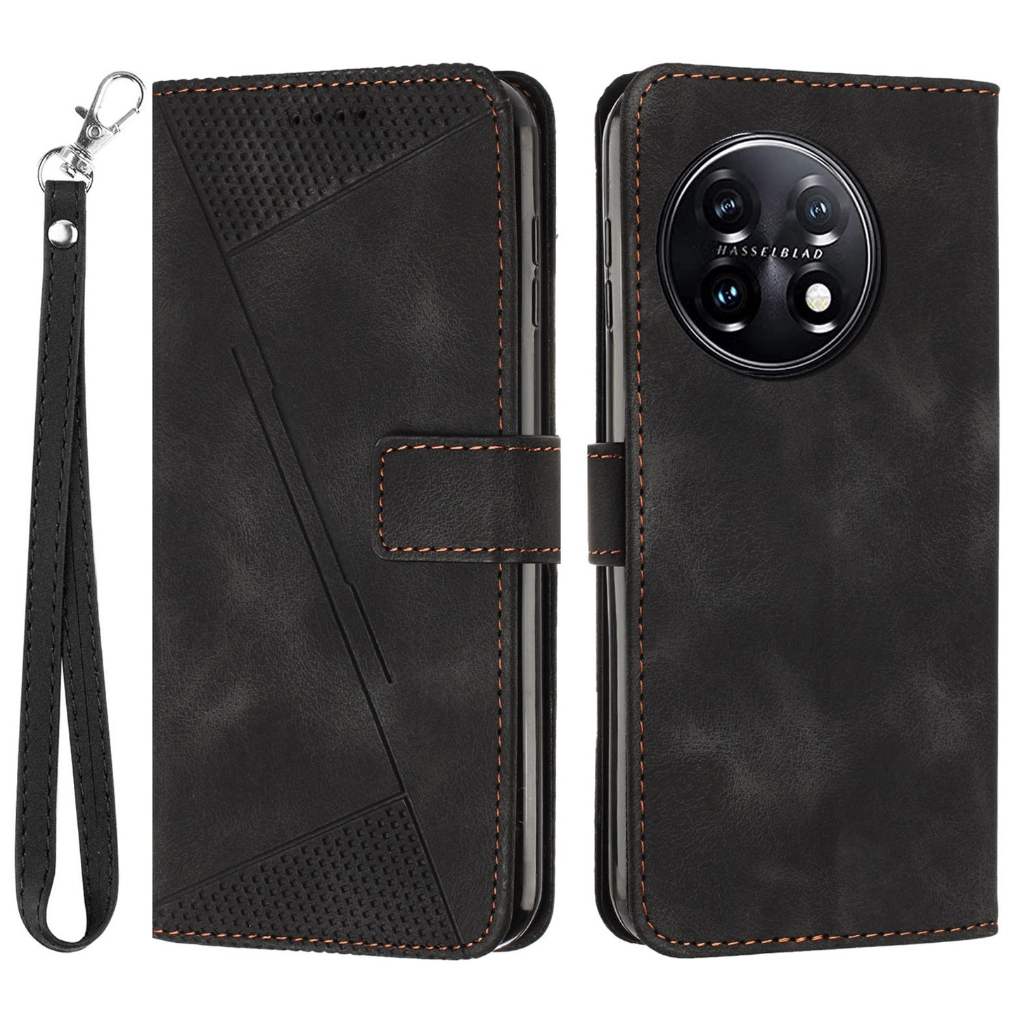 Triangle Imprinted Wallet Phone Case for OnePlus 11 5G , Stand PU Leather Anti-drop Cover - Black