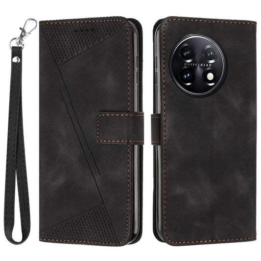 Triangle Imprinted Wallet Phone Case for OnePlus 11 5G , Stand PU Leather Anti-drop Cover - Black