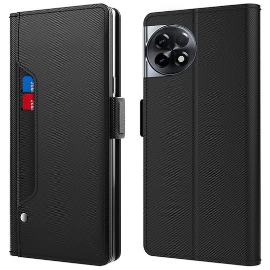 For OnePlus Ace 2 5G / 11R 5G Dustproof Shell Card Slot and Mirror PU Leather Cover Stand Phone Case - Black