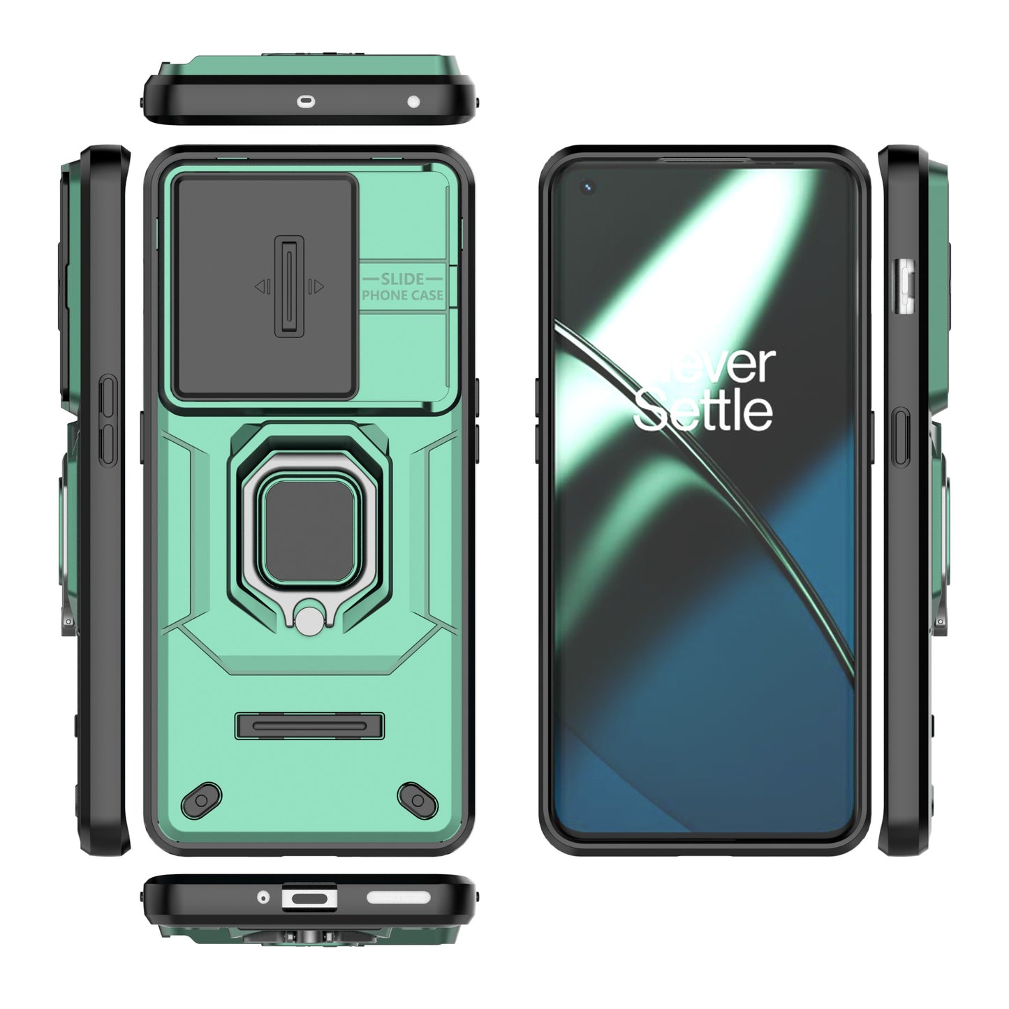 For OnePlus 11 5G Case Slide Lens Shield Ring Kickstand PC+TPU Phone Cover - Green