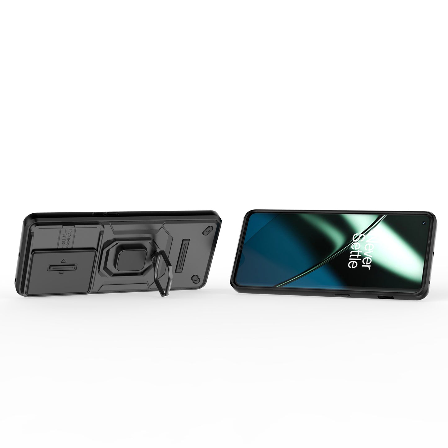 For OnePlus 11 5G Case Slide Lens Shield Ring Kickstand PC+TPU Phone Cover - Black
