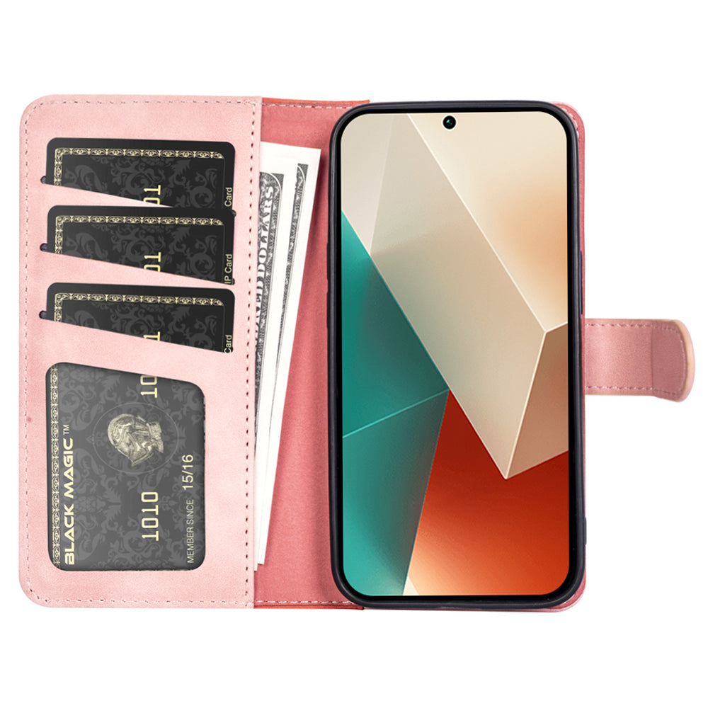 For Xiaomi Redmi Note 13 5G (China) Phone Case PU Leather+TPU Wallet Stand Shock-absorbing Cover - Pink