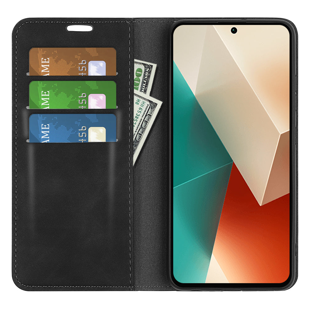 For Xiaomi Redmi Note 13 5G (China) Cell Phone Case PU Leather Wallet Stand Phone Shell with Skin-touch Feeling - Black