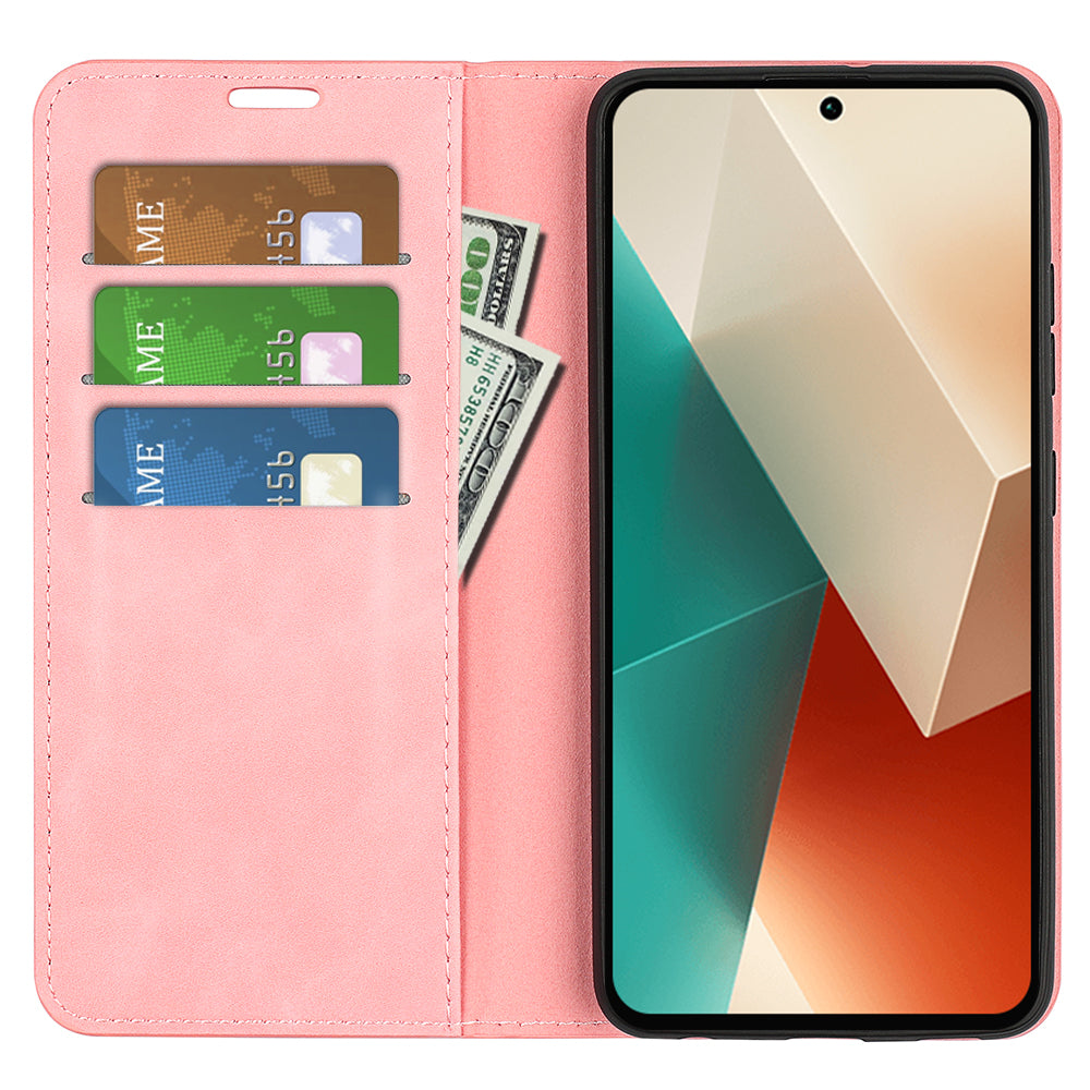 For Xiaomi Redmi Note 13 5G (China) Cell Phone Case PU Leather Wallet Stand Phone Shell with Skin-touch Feeling - Pink