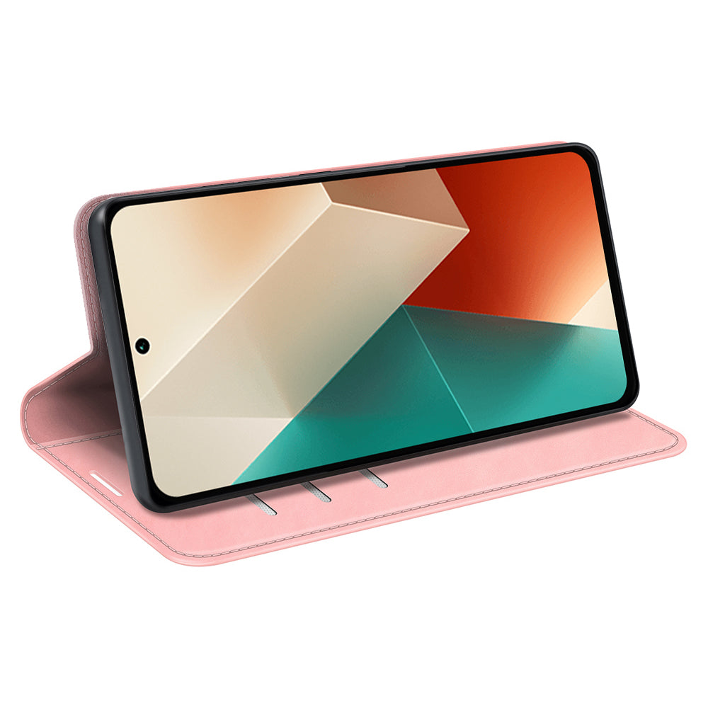 For Xiaomi Redmi Note 13 5G (China) Cell Phone Case PU Leather Wallet Stand Phone Shell with Skin-touch Feeling - Pink