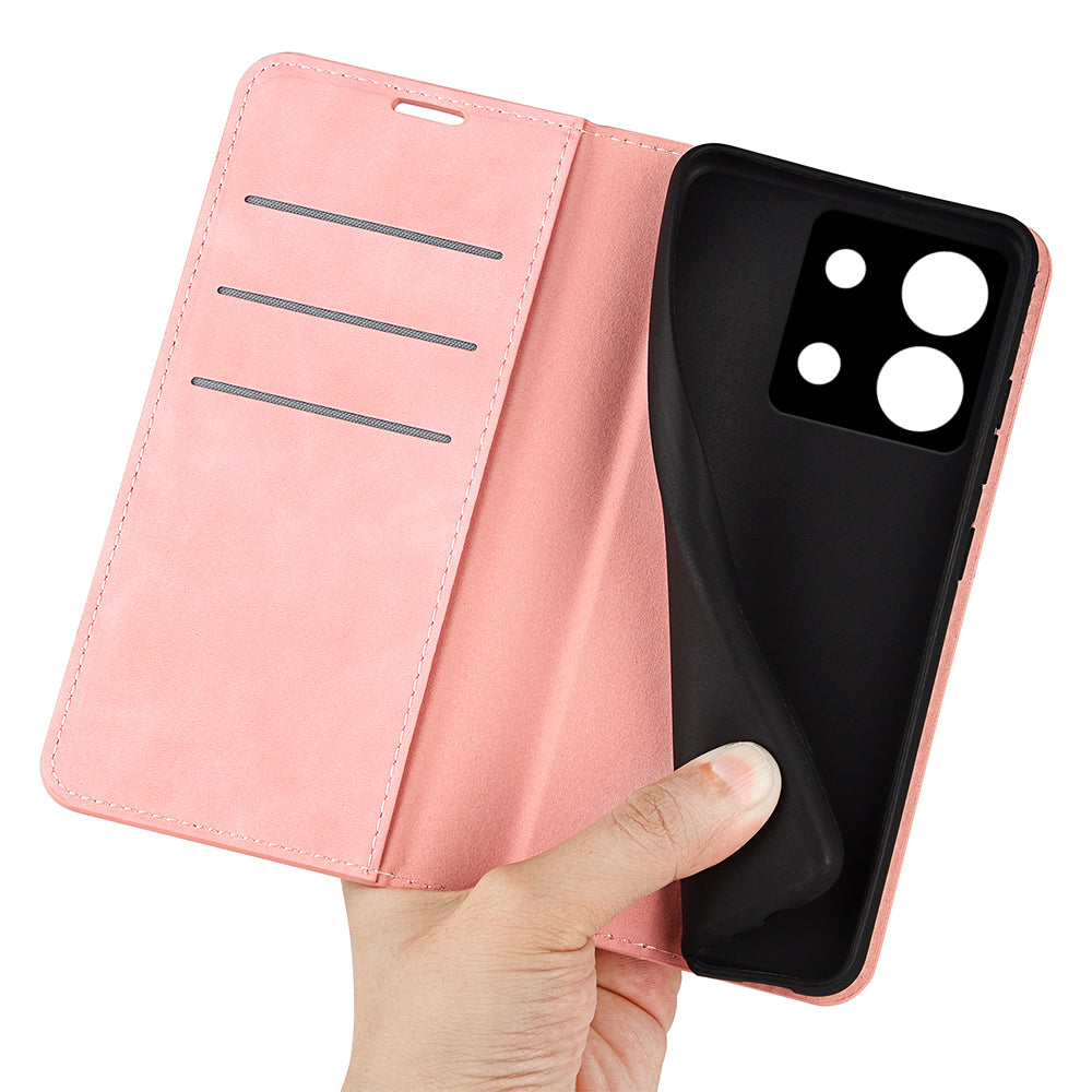 For Xiaomi Redmi Note 13 5G (China) Cell Phone Case PU Leather Wallet Stand Phone Shell with Skin-touch Feeling - Pink