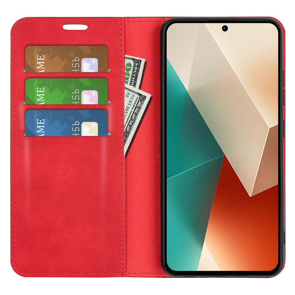 For Xiaomi Redmi Note 13 5G (China) Cell Phone Case PU Leather Wallet Stand Phone Shell with Skin-touch Feeling - Red