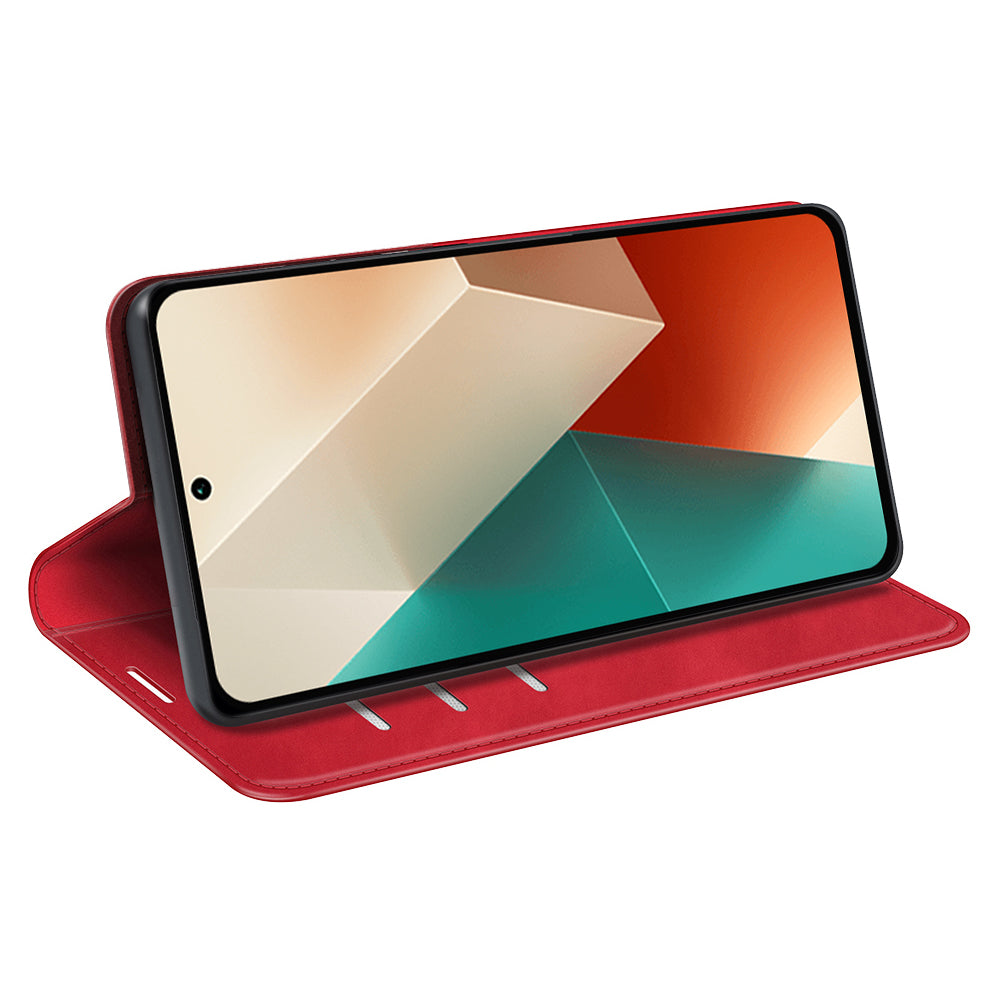 For Xiaomi Redmi Note 13 5G (China) Cell Phone Case PU Leather Wallet Stand Phone Shell with Skin-touch Feeling - Red