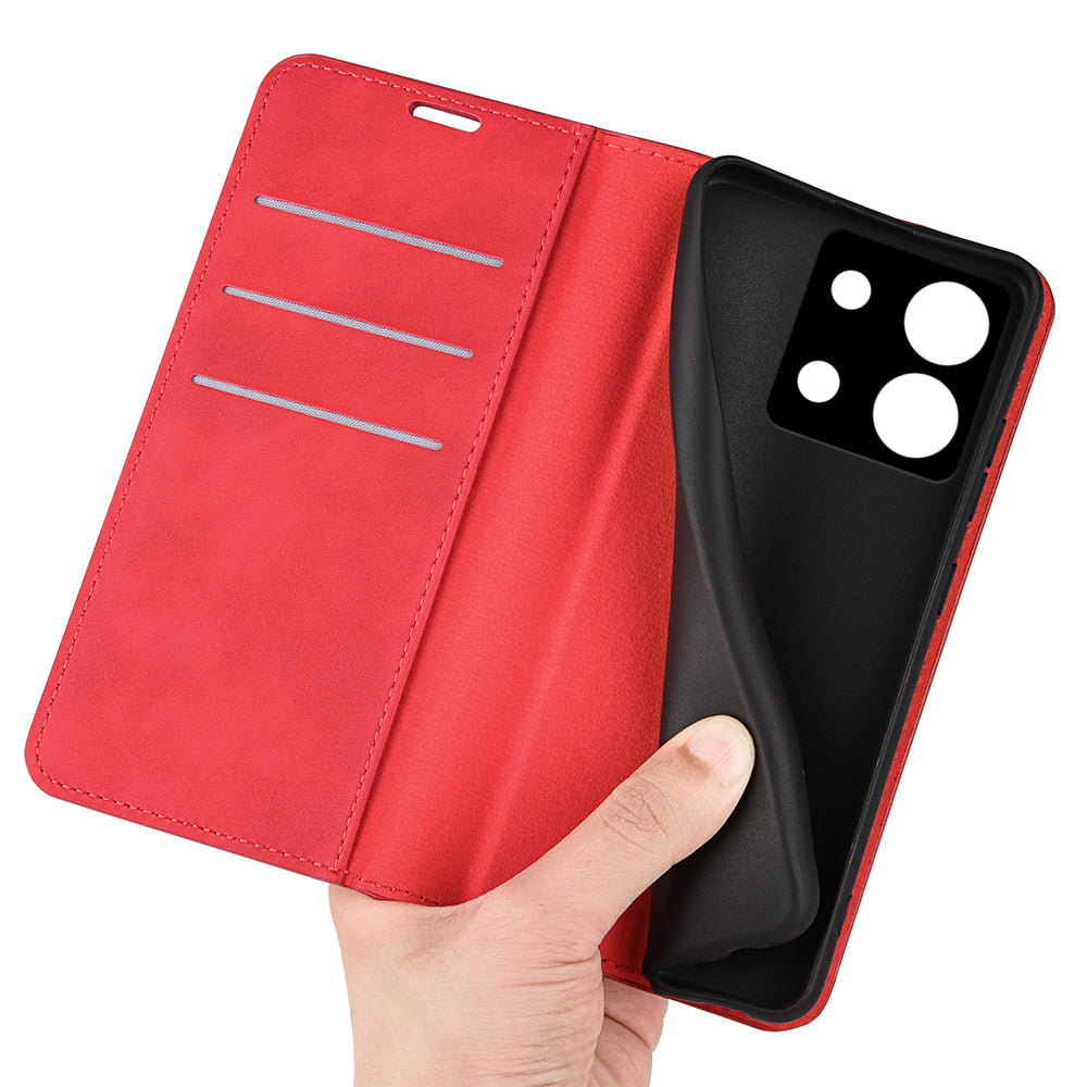 For Xiaomi Redmi Note 13 5G (China) Cell Phone Case PU Leather Wallet Stand Phone Shell with Skin-touch Feeling - Red