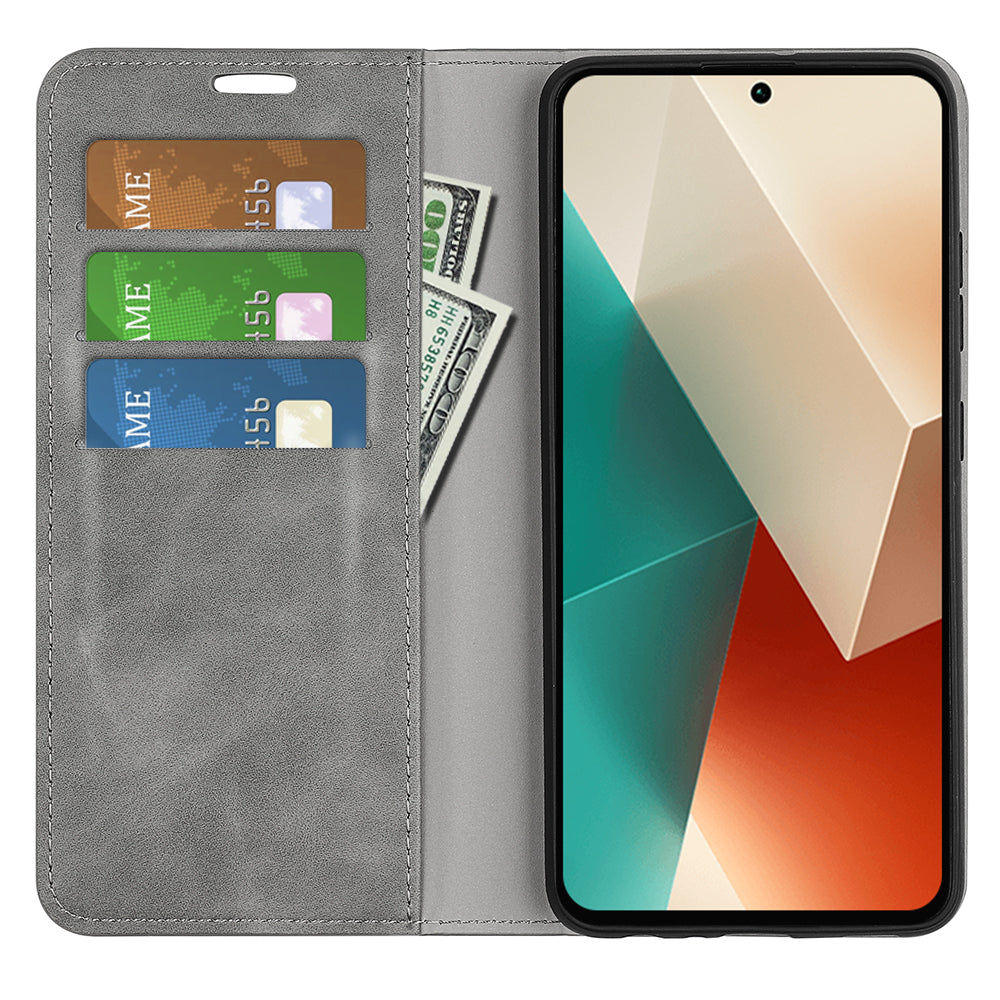 For Xiaomi Redmi Note 13 5G (China) Cell Phone Case PU Leather Wallet Stand Phone Shell with Skin-touch Feeling - Grey