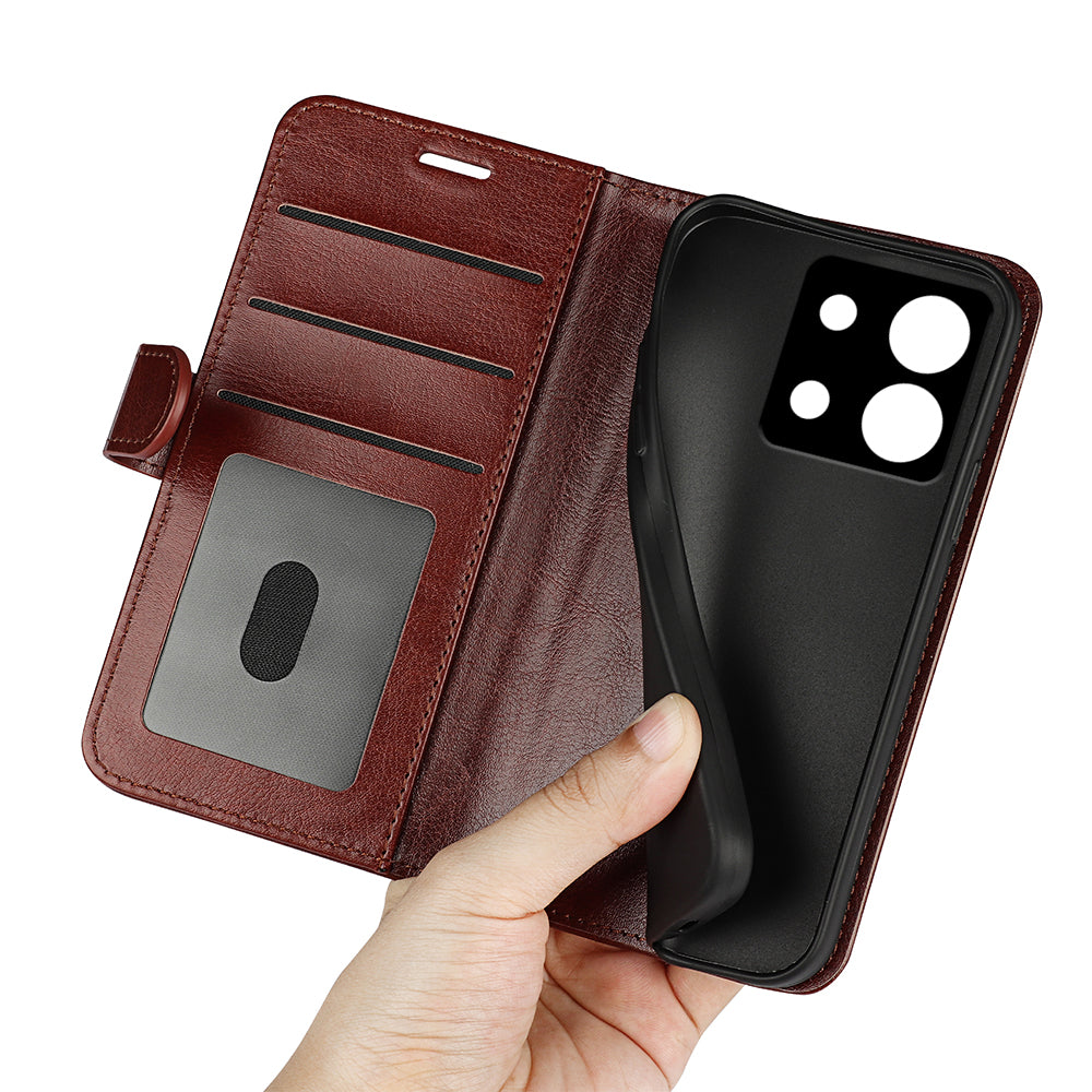 For Xiaomi Redmi Note 13 5G (China) Case Leather Phone Cover Crazy Horse Texture Stand Wallet - Brown