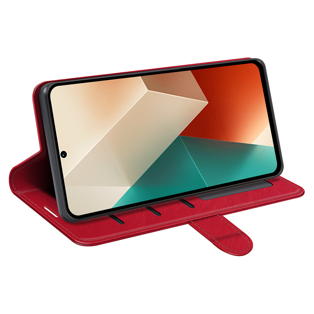 For Xiaomi Redmi Note 13 5G (China) Case Leather Phone Cover Crazy Horse Texture Stand Wallet - Red