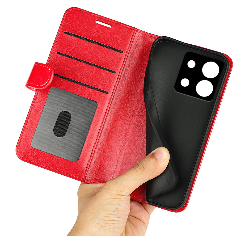 For Xiaomi Redmi Note 13 5G (China) Case Leather Phone Cover Crazy Horse Texture Stand Wallet - Red