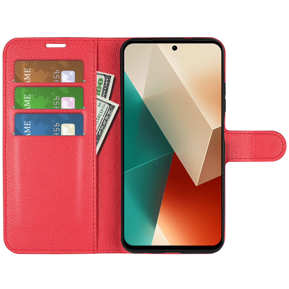 For Xiaomi Redmi Note 13 5G (China) Case Litchi Texture Leather Stand Cover Slim-Fit Wallet Phone Shell - Red