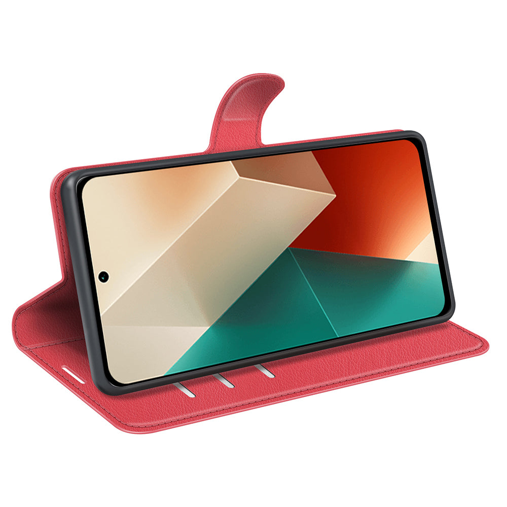For Xiaomi Redmi Note 13 5G (China) Case Litchi Texture Leather Stand Cover Slim-Fit Wallet Phone Shell - Red