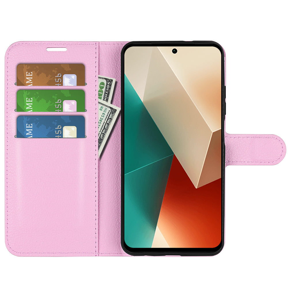 For Xiaomi Redmi Note 13 5G (China) Case Litchi Texture Leather Stand Cover Slim-Fit Wallet Phone Shell - Pink