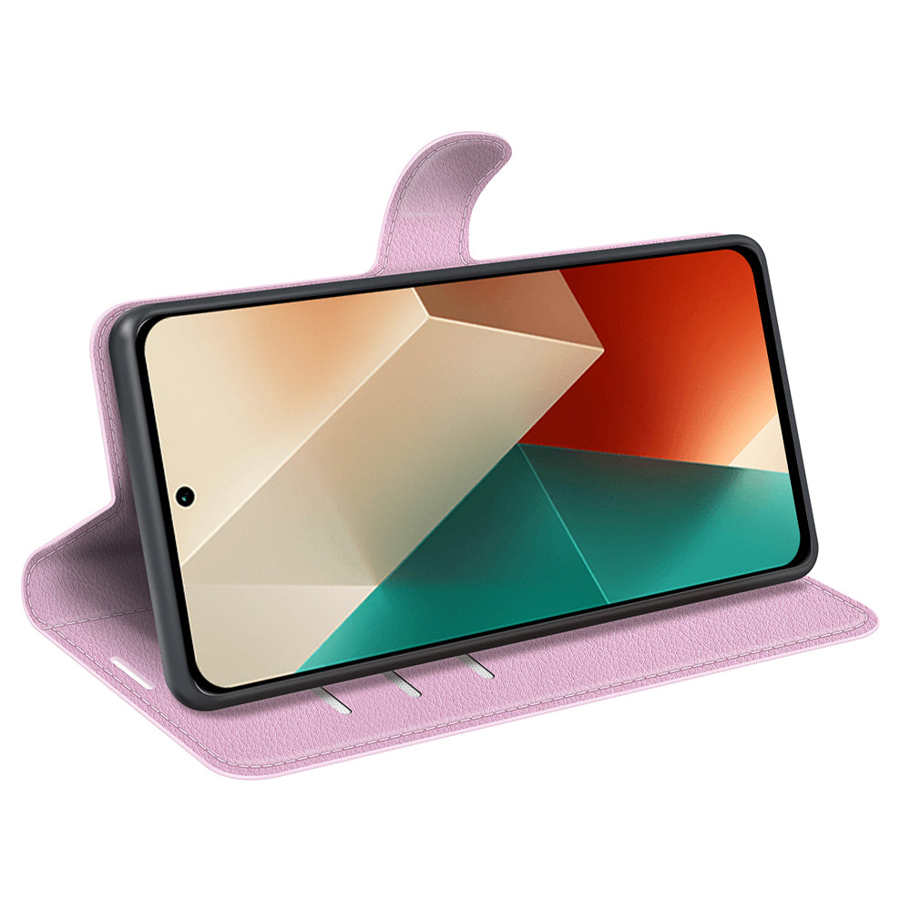 For Xiaomi Redmi Note 13 5G (China) Case Litchi Texture Leather Stand Cover Slim-Fit Wallet Phone Shell - Pink