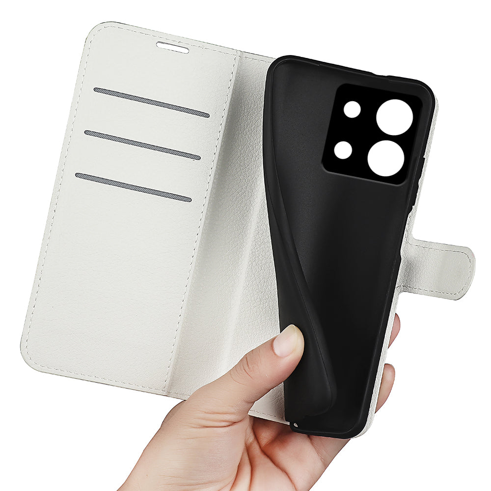 For Xiaomi Redmi Note 13 5G (China) Case Litchi Texture Leather Stand Cover Slim-Fit Wallet Phone Shell - White