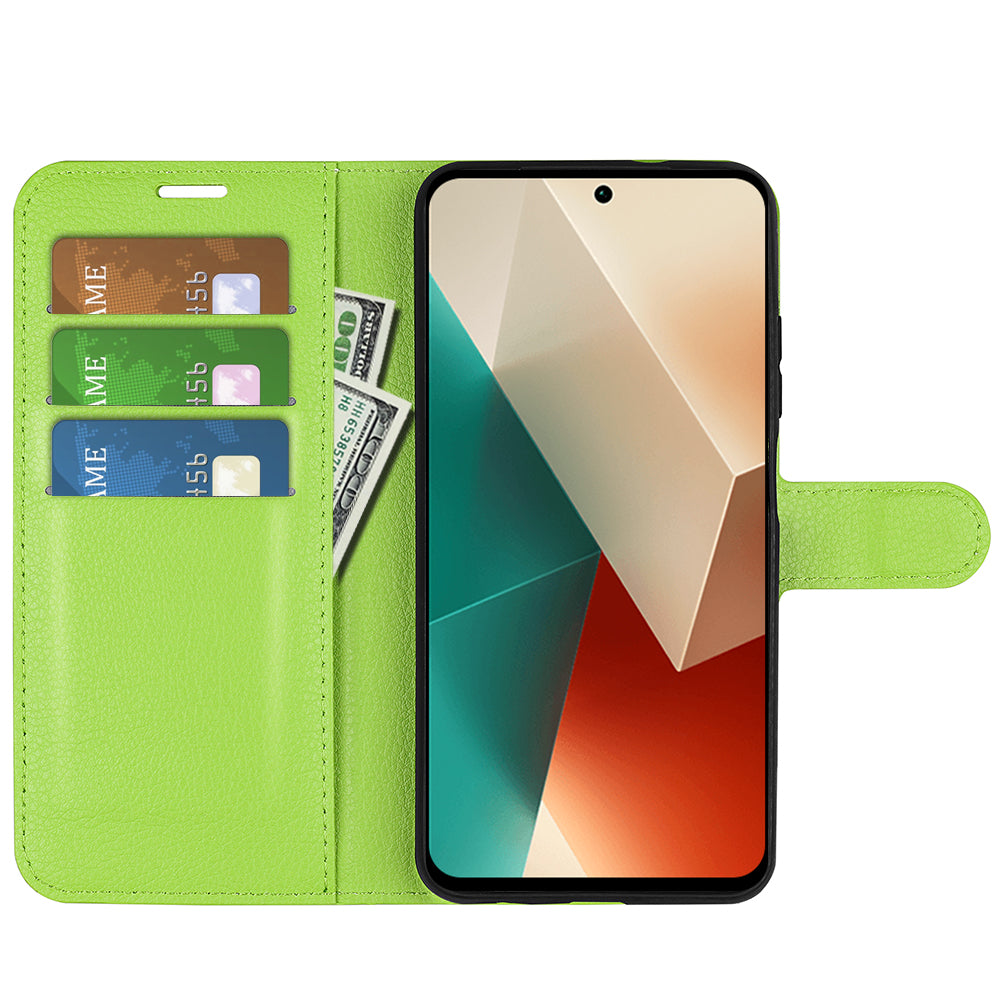 For Xiaomi Redmi Note 13 5G (China) Case Litchi Texture Leather Stand Cover Slim-Fit Wallet Phone Shell - Green