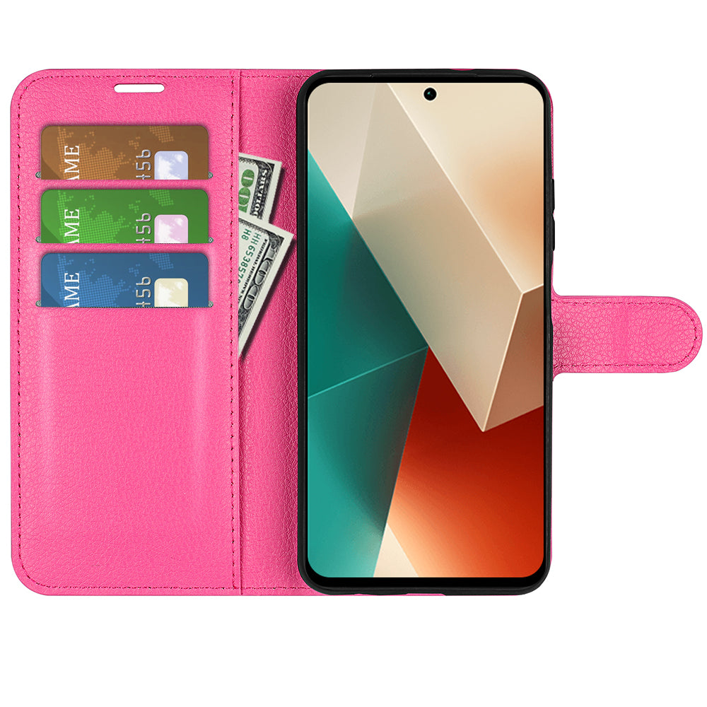 For Xiaomi Redmi Note 13 5G (China) Case Litchi Texture Leather Stand Cover Slim-Fit Wallet Phone Shell - Rose