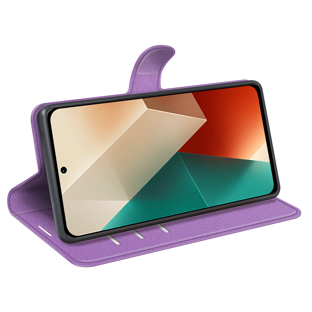 For Xiaomi Redmi Note 13 5G (China) Case Litchi Texture Leather Stand Cover Slim-Fit Wallet Phone Shell - Purple