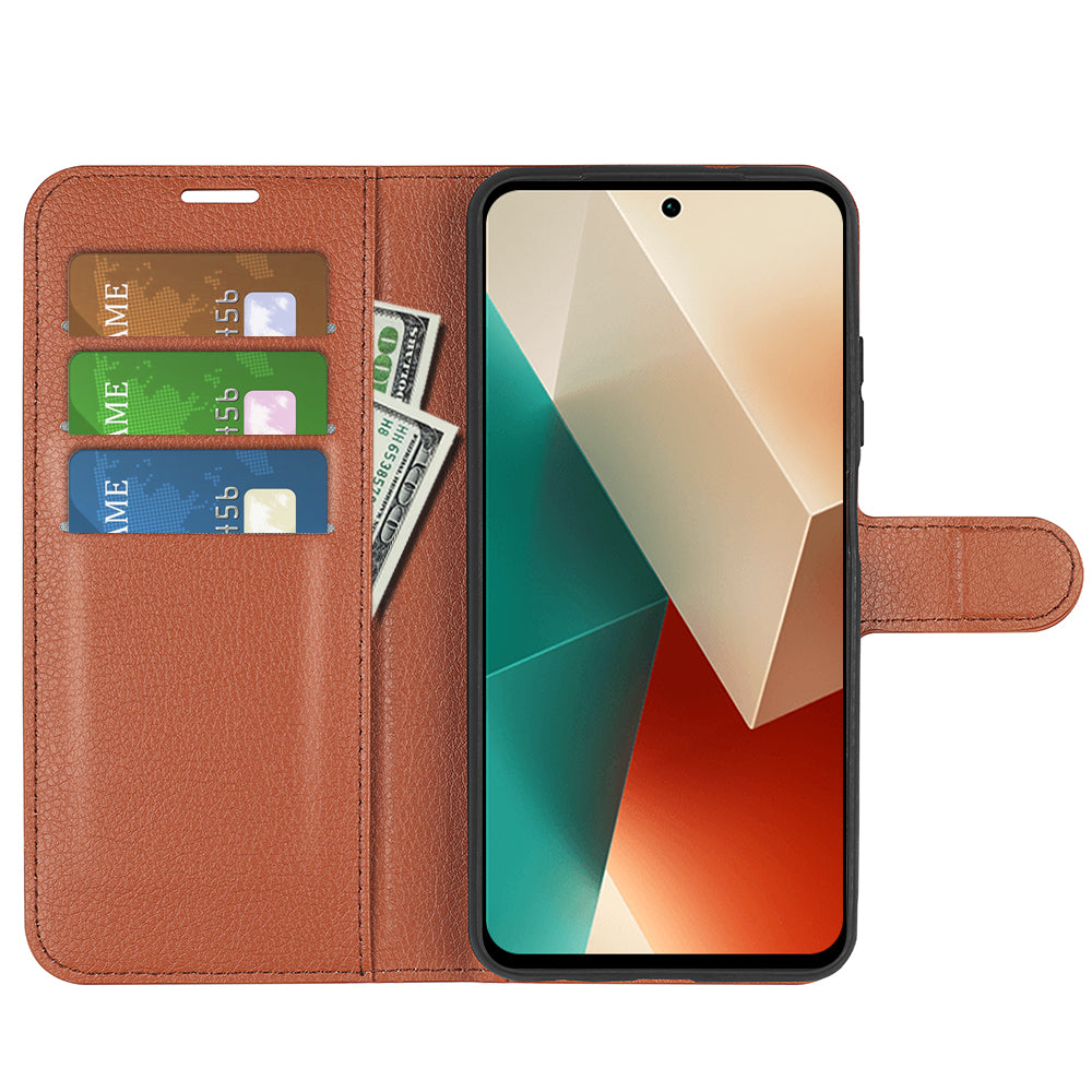 For Xiaomi Redmi Note 13 5G (China) Case Litchi Texture Leather Stand Cover Slim-Fit Wallet Phone Shell - Brown