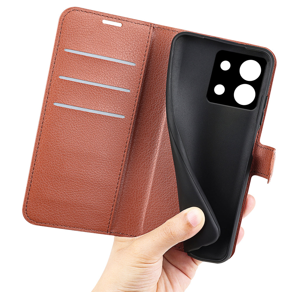 For Xiaomi Redmi Note 13 5G (China) Case Litchi Texture Leather Stand Cover Slim-Fit Wallet Phone Shell - Brown