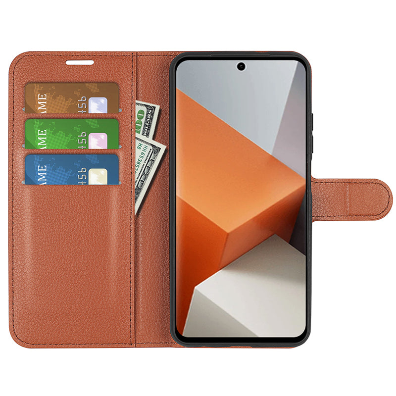 For Xiaomi Redmi Note 13 Pro+ 5G Case Litchi Texture Wallet Stand Leather Phone Shell - Brown