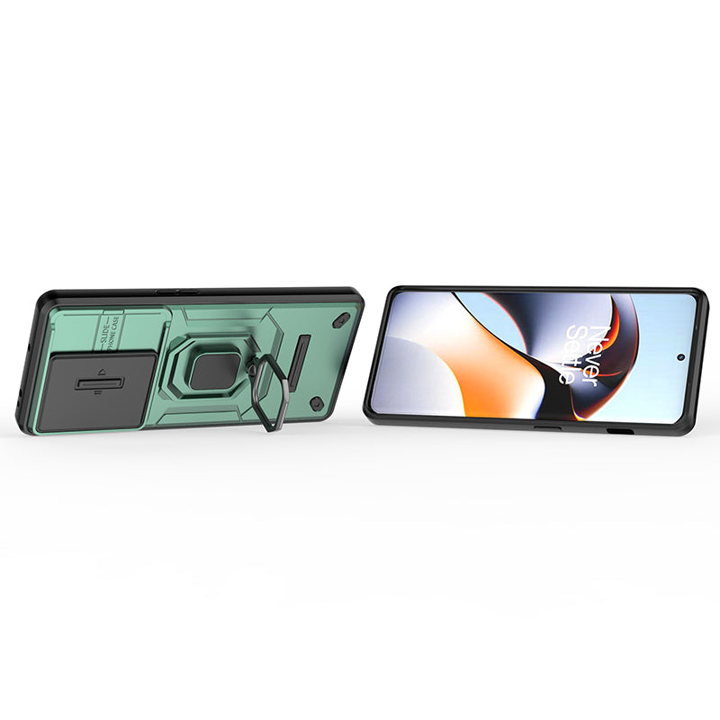 For OnePlus 11R 5G / Ace 2 5G Case Slide Lens Lid PC+TPU Kickstand Cover - Green