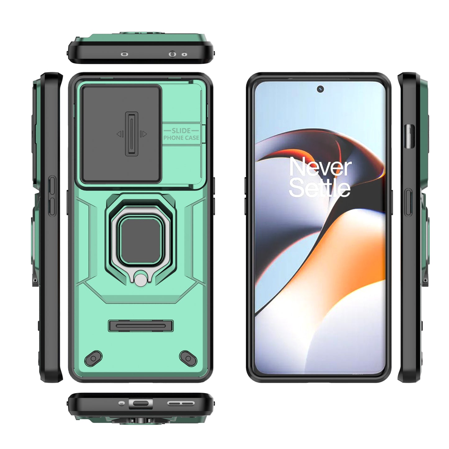 For OnePlus 11R 5G / Ace 2 5G Case Slide Lens Lid PC+TPU Kickstand Cover - Green