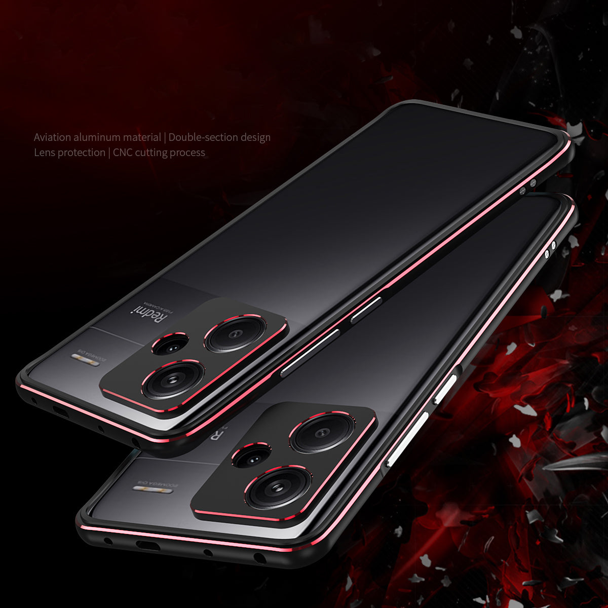 For Xiaomi Redmi Note 13 Pro+ Bumper Case Metal Frame Bumper Cover with Camera Lens Guard - Black  /  Red