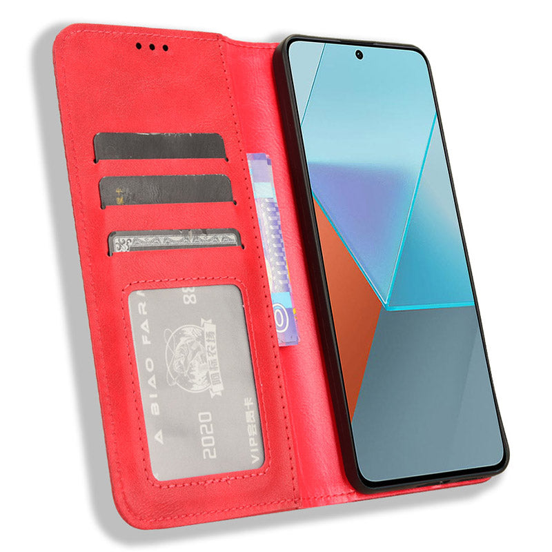 For Xiaomi Redmi Note 13 Pro 5G / Poco X6 5G Phone Case Wallet Retro PU Leather Cell Phone Cover - Red