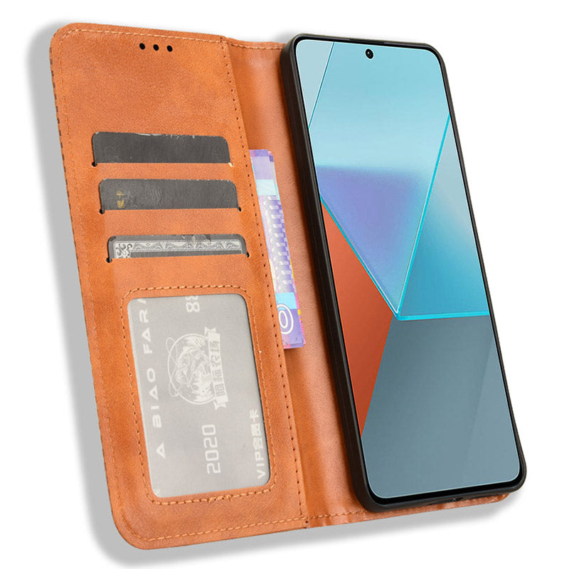 For Xiaomi Redmi Note 13 Pro 5G / Poco X6 5G Phone Case Wallet Retro PU Leather Cell Phone Cover - Brown
