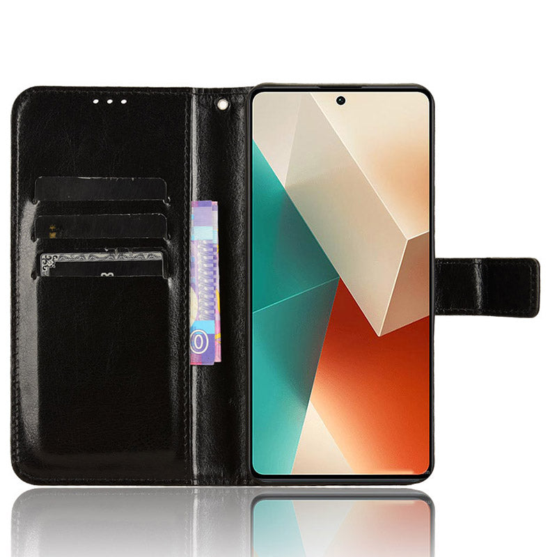 For Xiaomi Redmi Note 13 5G Case Crazy Horse Texture Phone Wallet Cover - Black