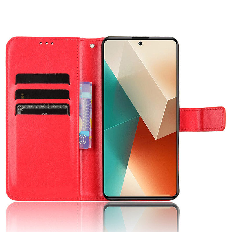 For Xiaomi Redmi Note 13 5G Case Crazy Horse Texture Phone Wallet Cover - Red