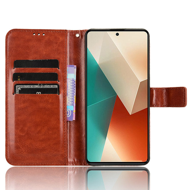 For Xiaomi Redmi Note 13 5G Case Crazy Horse Texture Phone Wallet Cover - Brown