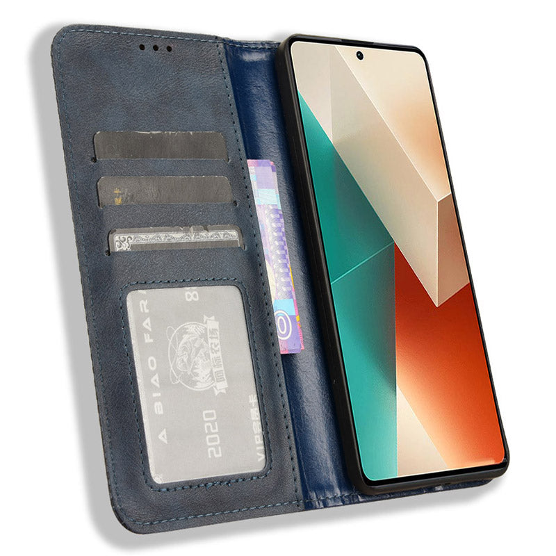 For Xiaomi Redmi Note 13 5G Mobile Phone Cover Case Wallet Retro PU Leather Shell - Blue