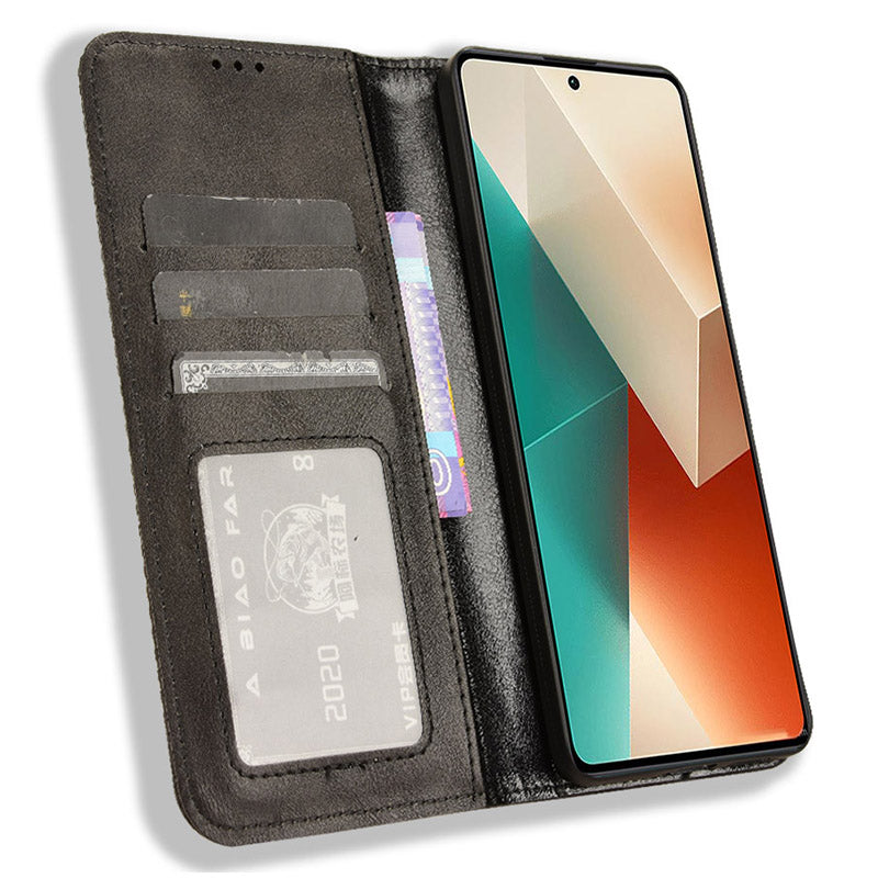 For Xiaomi Redmi Note 13 5G Mobile Phone Cover Case Wallet Retro PU Leather Shell - Black