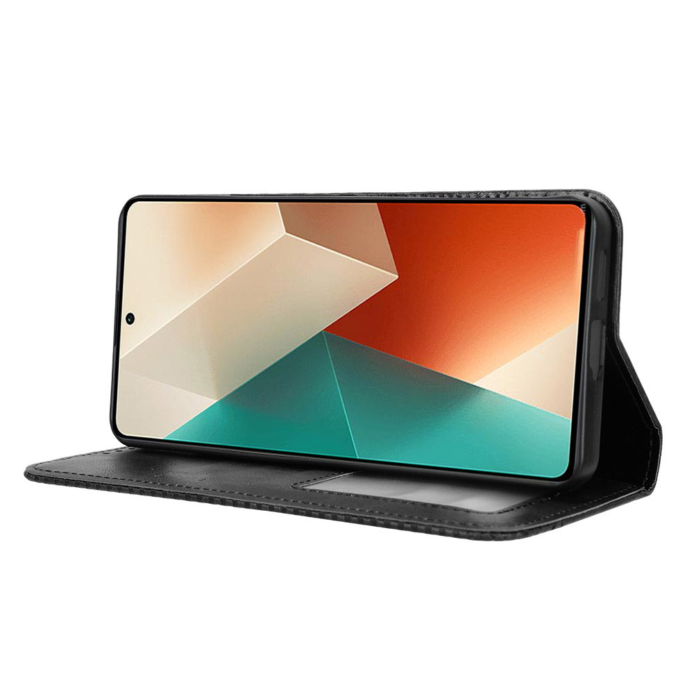 For Xiaomi Redmi Note 13 5G Mobile Phone Cover Case Wallet Retro PU Leather Shell - Black