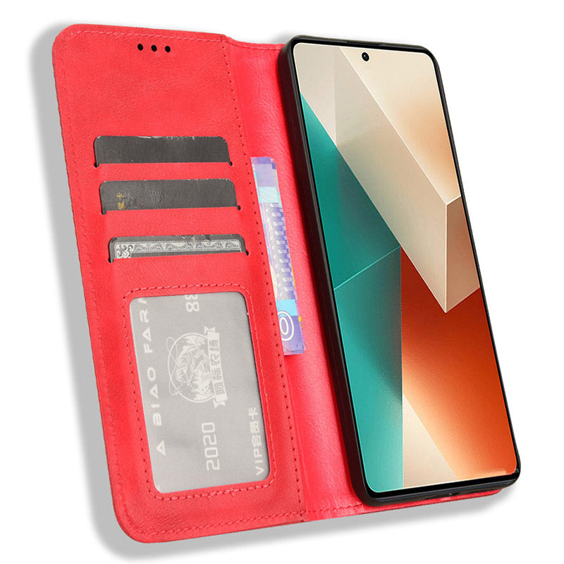 For Xiaomi Redmi Note 13 5G Mobile Phone Cover Case Wallet Retro PU Leather Shell - Red
