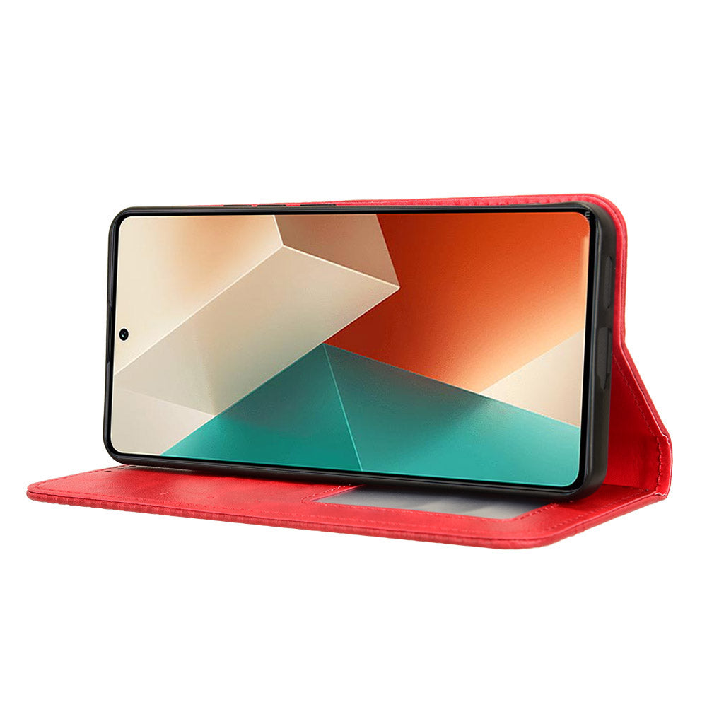 For Xiaomi Redmi Note 13 5G Mobile Phone Cover Case Wallet Retro PU Leather Shell - Red