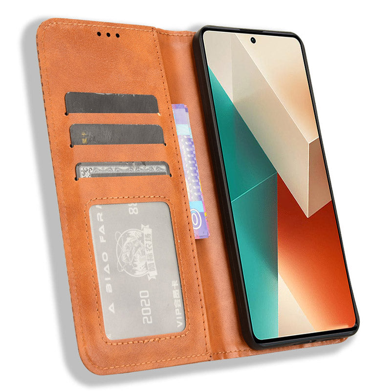 For Xiaomi Redmi Note 13 5G Mobile Phone Cover Case Wallet Retro PU Leather Shell - Brown
