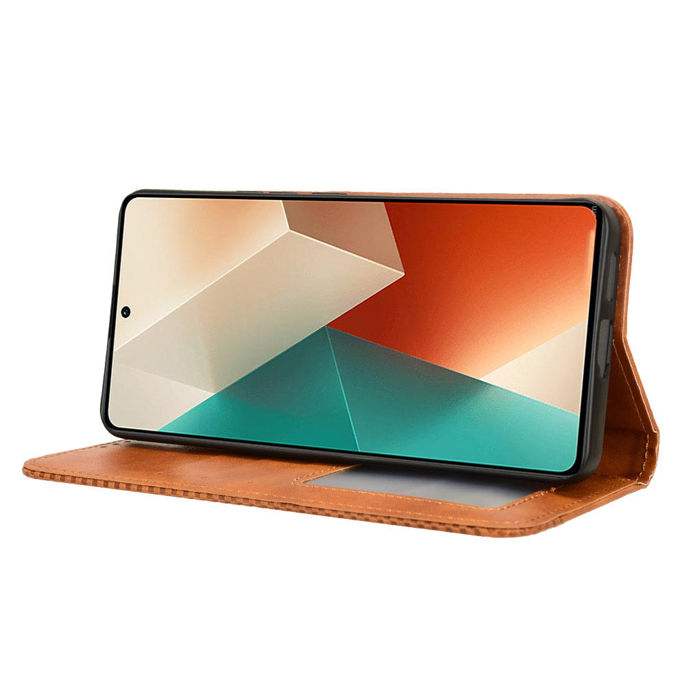 For Xiaomi Redmi Note 13 5G Mobile Phone Cover Case Wallet Retro PU Leather Shell - Brown