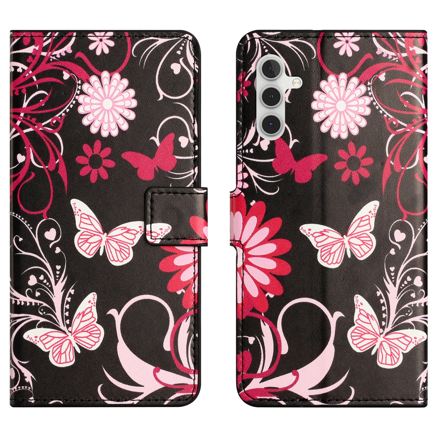 For Samsung Galaxy S24 Case PU Leather Drop-proof Phone Case with Wallet - Black  /  Butterflies