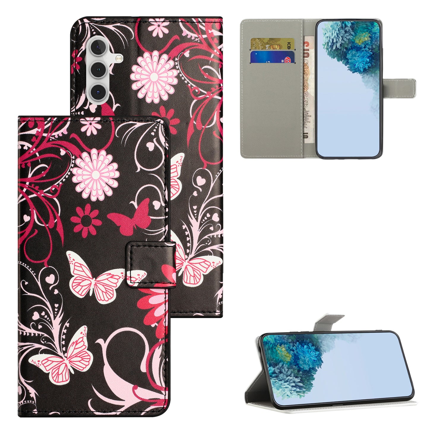 For Samsung Galaxy S24 Case PU Leather Drop-proof Phone Case with Wallet - Black  /  Butterflies