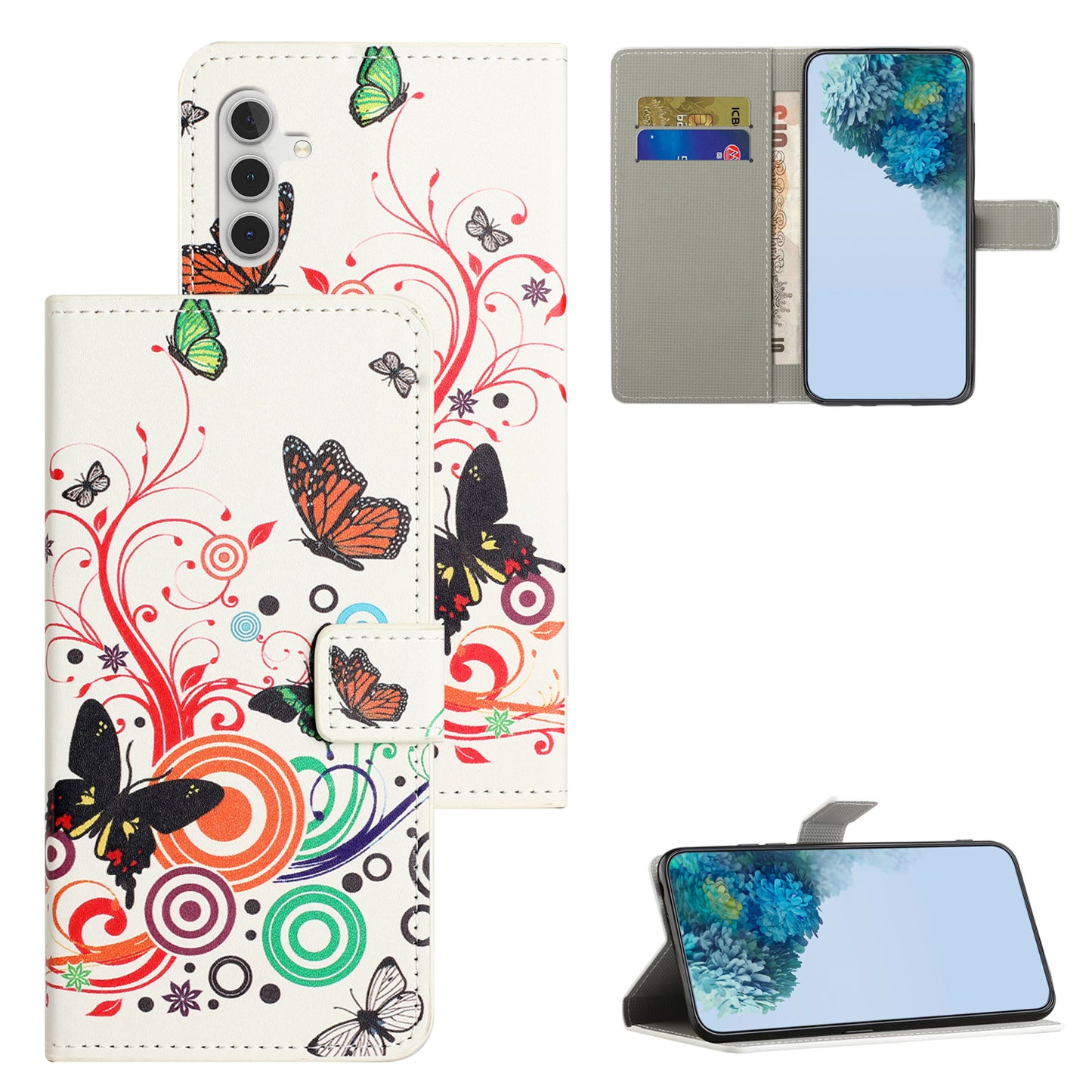 For Samsung Galaxy S24 Case PU Leather Drop-proof Phone Case with Wallet - White  /  Butterflies