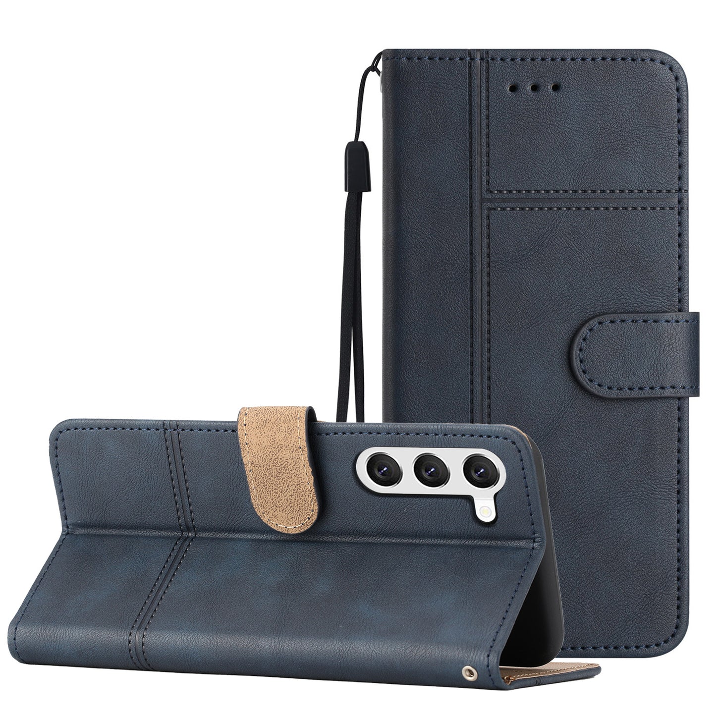 For Samsung Galaxy S24 Case PU Leather Line Imprinted Wallet Stand Phone Cover - Blue